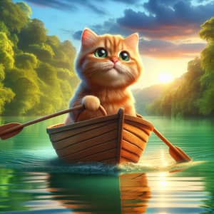 Playful Orange Tabby Cat Steering Wooden Boat