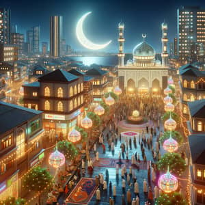 Ramadan Cityscape Decorated with Lanterns and Crescent Moon