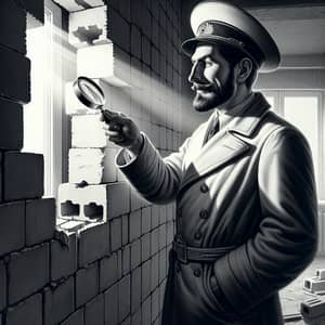 Vintage Black-and-White Poster: Eastern European Builder Inspecting Wall