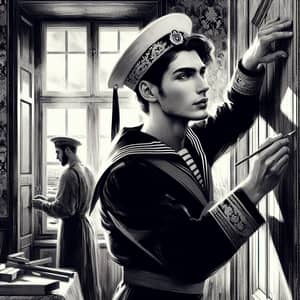 Vintage Black and White Poster Art with Russian Sailor Installing Door