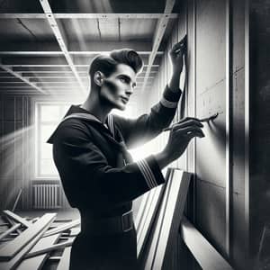 Vintage-Style Digital Painting of Russian Sailor Renovating High-Tech Apartment
