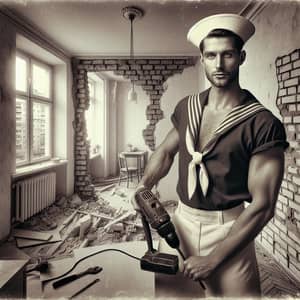 Vintage Sailor Construction Worker in Renovated Apartment