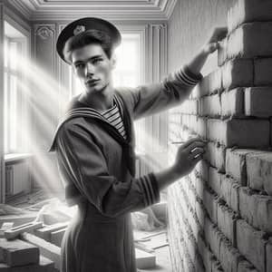 Vintage-Inspired Digital Painting of Handsome Russian Builder Erecting Brick Wall
