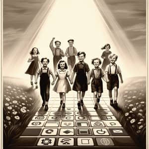 Vintage Digital Painting of Diverse Children on Path of Knowledge
