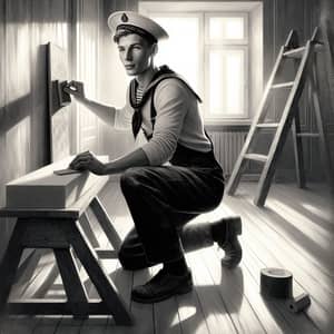 Vintage Black and White Digital Painting of Russian Builder in Sailor Uniform