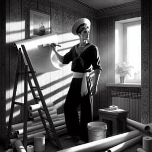 Vintage Print Style Painting of Russian Builder Applying Wallpaper