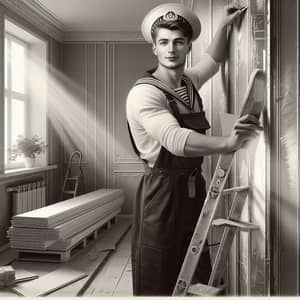 Vintage Russian Builder in Sailor Uniform Painting