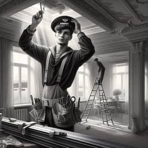 Russian Builder in Vintage Sailor's Uniform Installing KNAUF Metal Frame