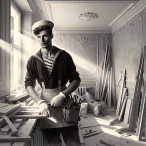 Vintage Russian Male Builder in Sailor's Uniform | Apartment Renovation Scene