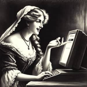 Vintage Black & White Digital Painting of Russian Woman Giving Advice Online