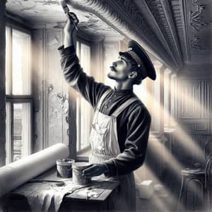 Vintage-Inspired Digital Painting of a Russian Sailor Painting a Plaster Cornice