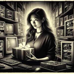 Vintage Black-and-White Digital Painting of Diverse Asian Female Web Programmer