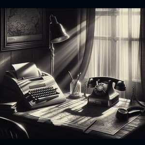 Vintage Black-and-White Digital Painting: Table with Computer and Old Rotary Telephone