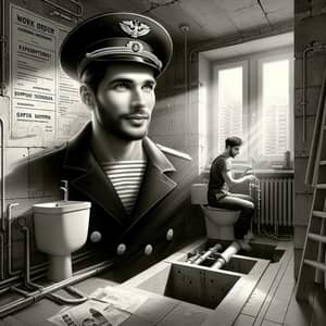 Vintage Russian Sailor Painting: Chiaroscuro Style in Black and White