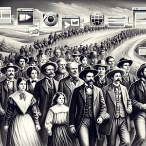 Vintage Black and White Digital Painting of Diverse Group of Pioneers