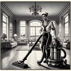 Vintage Russian Sailor Using Vacuum Cleaner in Modern Apartment