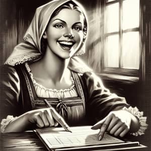 Vintage Black-and-White Digital Painting of a Young Woman Giving Advice