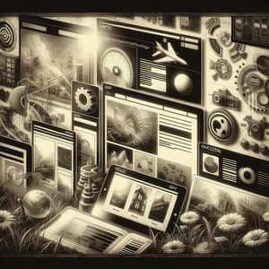 Vintage Black-and-White Digital Painting of Conceptual Website Designs