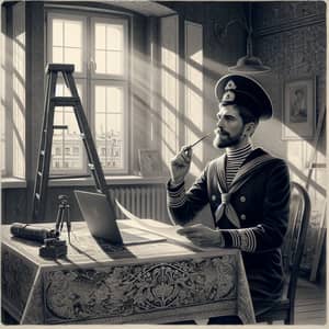 Vintage Style Russian Sailor Conducting Webinar with Chiaroscuro Lighting
