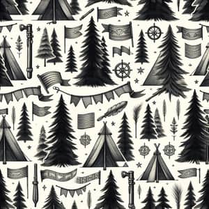 Vintage-Inspired Fir and Tree Motif Pattern with Fluttering Flags