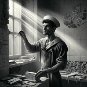 Russian Builder in Vintage Mariner Attire Creating Mosaic Installation