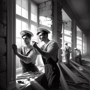 Detailed Black-and-White Digital Painting of Russian Sailors Installing Window
