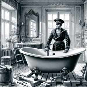 Vintage Style Russian Sailor Installing Oval Bathtub in Contemporary Apartment