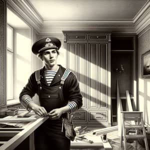 Vintage Russian Sailor Builder in Modern Renovation Scene