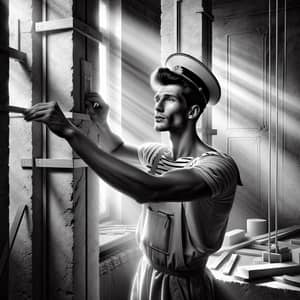 Vintage Russian Builder in Sailor's Uniform: Renovation Scene