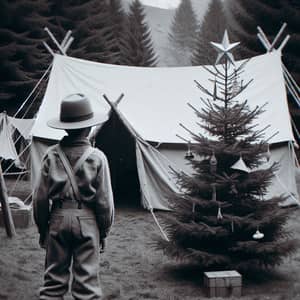 Vintage Pioneer Boy at Camp with Christmas Tree