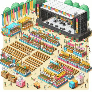 Colorful Open-Air Music Festival Setup with Seating & Food Stalls