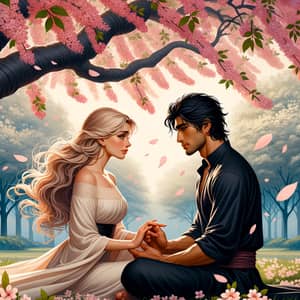 Romantic Novel Scene: Couple under Cherry Blossom Tree