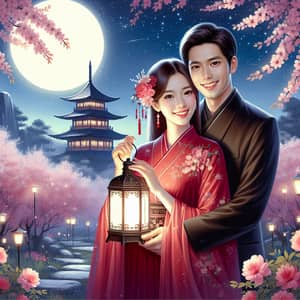 Romantic Asian Couple Painting in Moonlit Garden with Cherry Blossoms