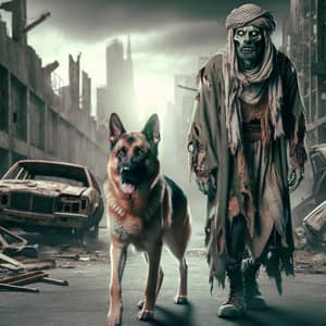 Fantasy World Scene with Male Zombie of Middle-Eastern Descent and German Shepherd Dog