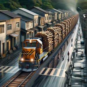 Impressive Freight Train Laden with Wood Moving Down Urban Street