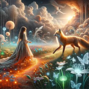 Young Girl and Fox Encounter in Enchanted Meadow
