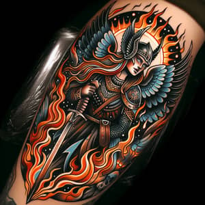 Neotraditional Valkyrie Tattoo with Single Wing and Flames