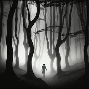 Enigmatic Figure in Mist-Enveloped Forest | Ethereal Noir Photography