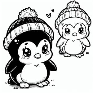 Cute Chibi Style Penguin Coloring Page - Black and White