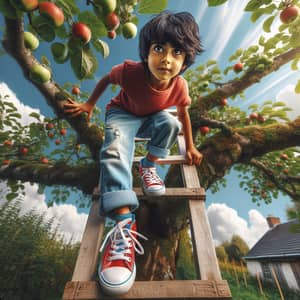 Adventure Awaits: Boy on Ladder Reaching for Apples