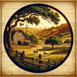 Circular Farming Landscape with Oak Trees and Texas Flag