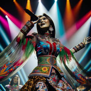Vibrant Stage Performance by Pop Singer in Traditional Indonesian Outfit