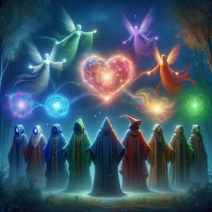 Diverse Mages Casting Love Spell in Mystical Forest