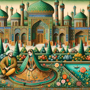 Serene Persian Miniature Illustration with Intricate Architecture