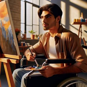 Confident South Asian Male Wheelchair Art Student Creating Masterpiece