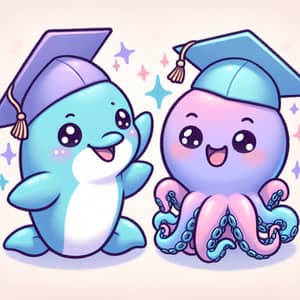 Graduation Cap Dolphin and Octopus Cartoon Characters