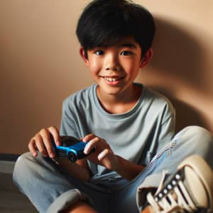 Young Asian Boy Playing Joyfully with Toy Car | Website Name