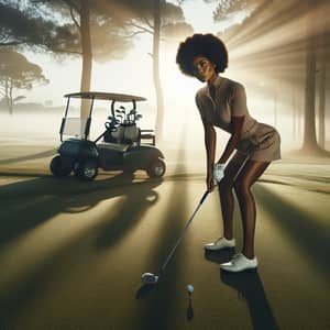 Serene Golfing Scene with Concentrated African-American Lady