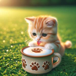 Cute Cat Enjoying Espresso on Green Lawn | Whimsical Scene