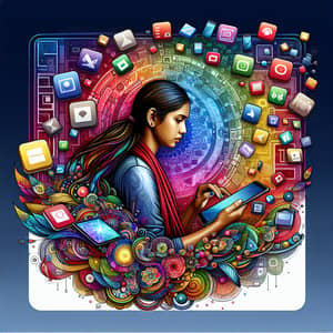 South Asian Female Developer Digital Painting | Vibrant Apps Illustration